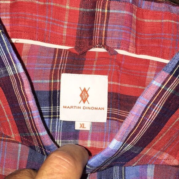 Red & Blue Martin Dingman Tartan Plaid Check 100% Linen LS Button down Shirt XL - Picture 4 of 7